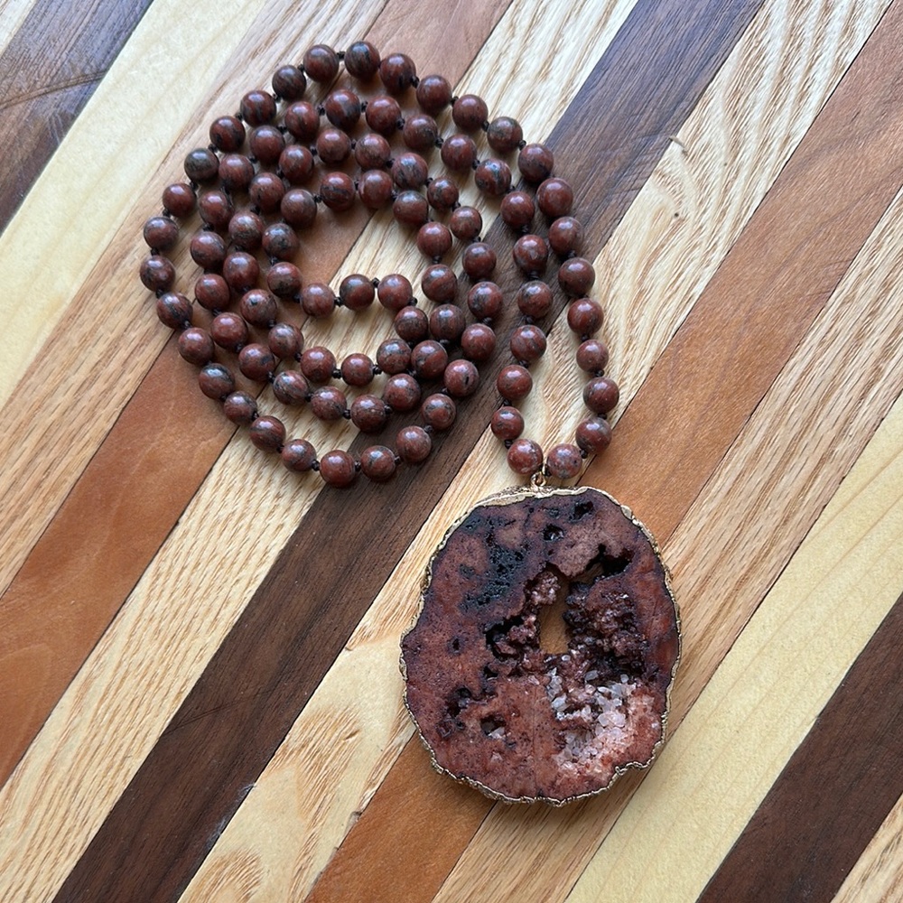 Earthy Brown Stone Bead Necklace with Geode Pendant